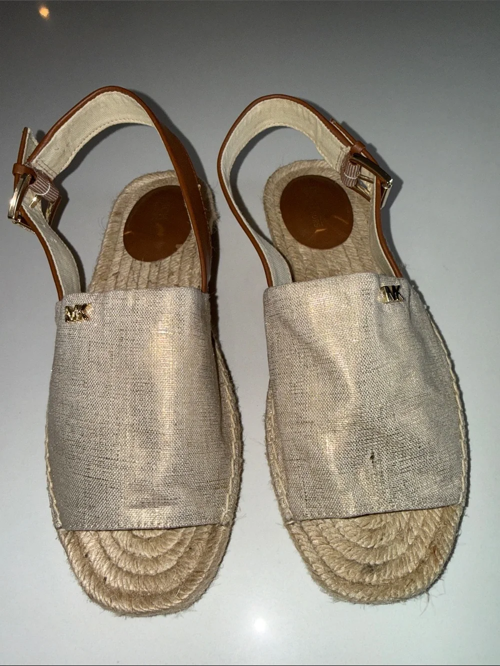 MICHAEL Michael Kors Fisher Metallic Gold Linen Espadrille Sandals | Size 6.5
